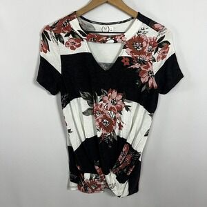 24/7 Maurices Shirt Women Small Stripe Floral Keyhole Neck Knot Tie Front Blouse